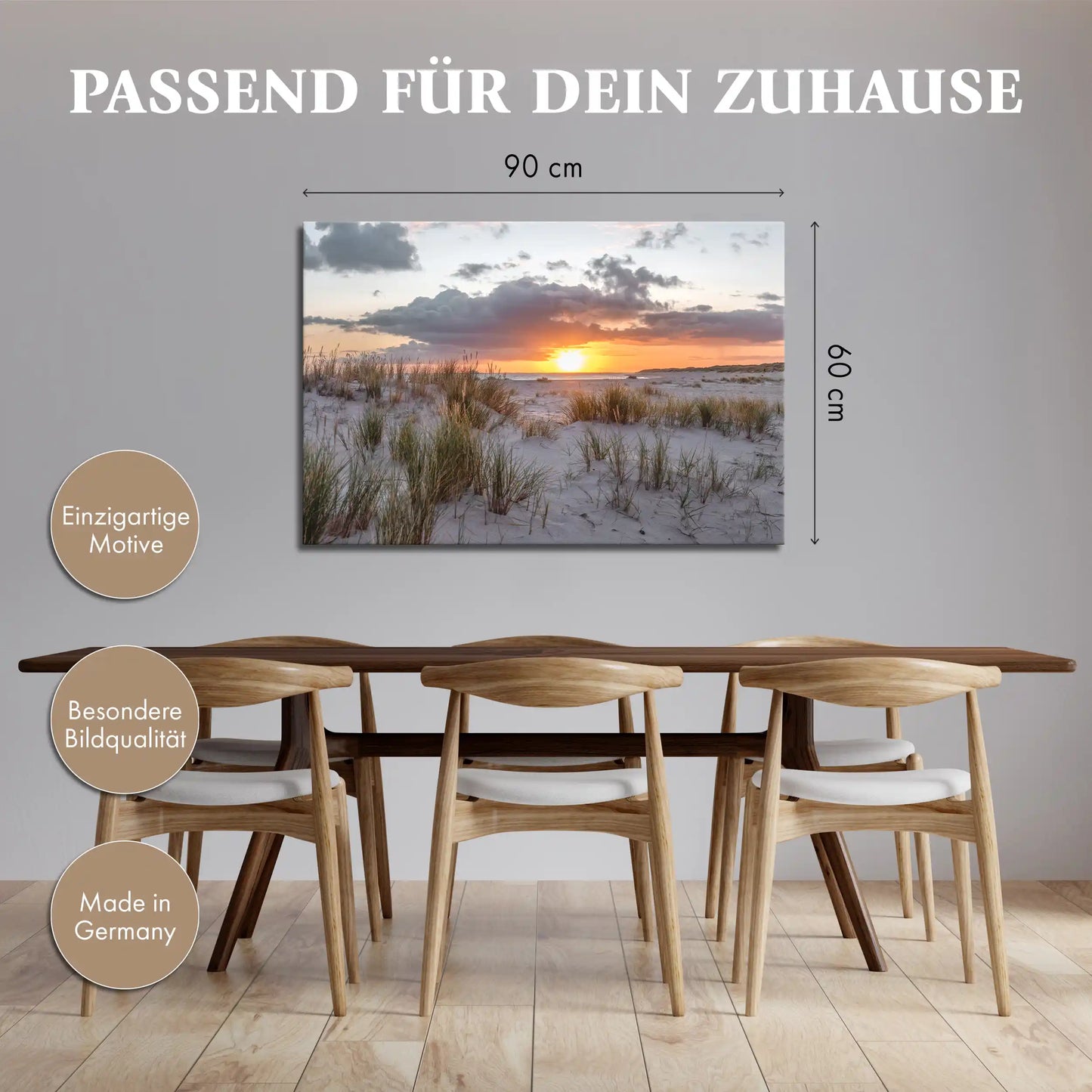 Leinwandbild Dünen und Strand am Meer bei Sonnenaufgang