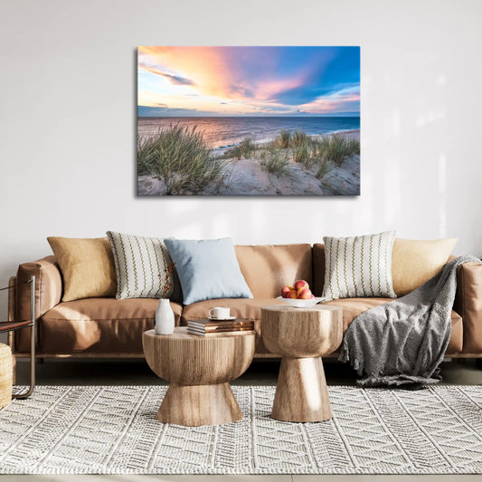 Leinwandbild Hafen am Meer bei Sonnenaufgang in blauer Stunde