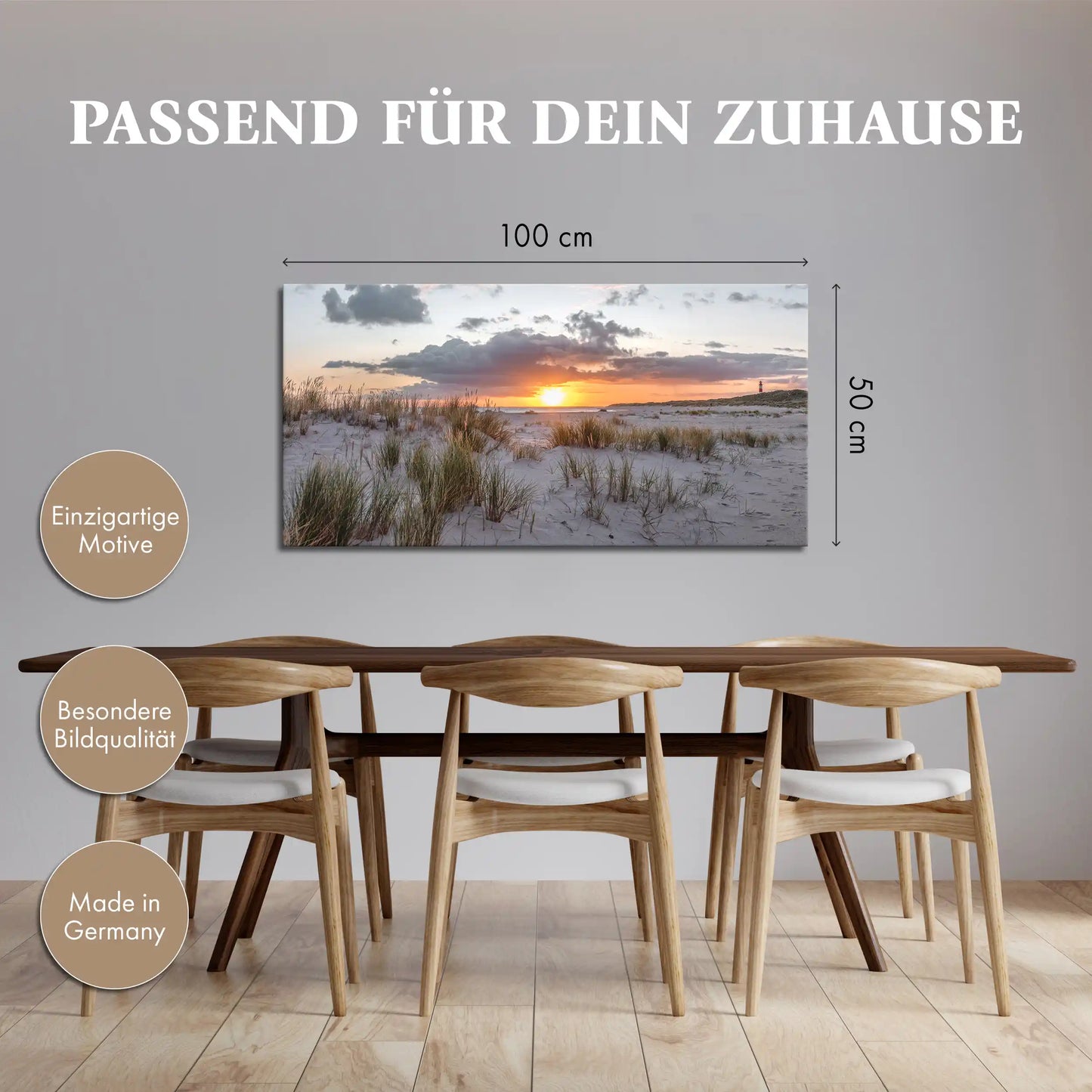Leinwandbild Dünen und Strand am Meer bei Sonnenaufgang
