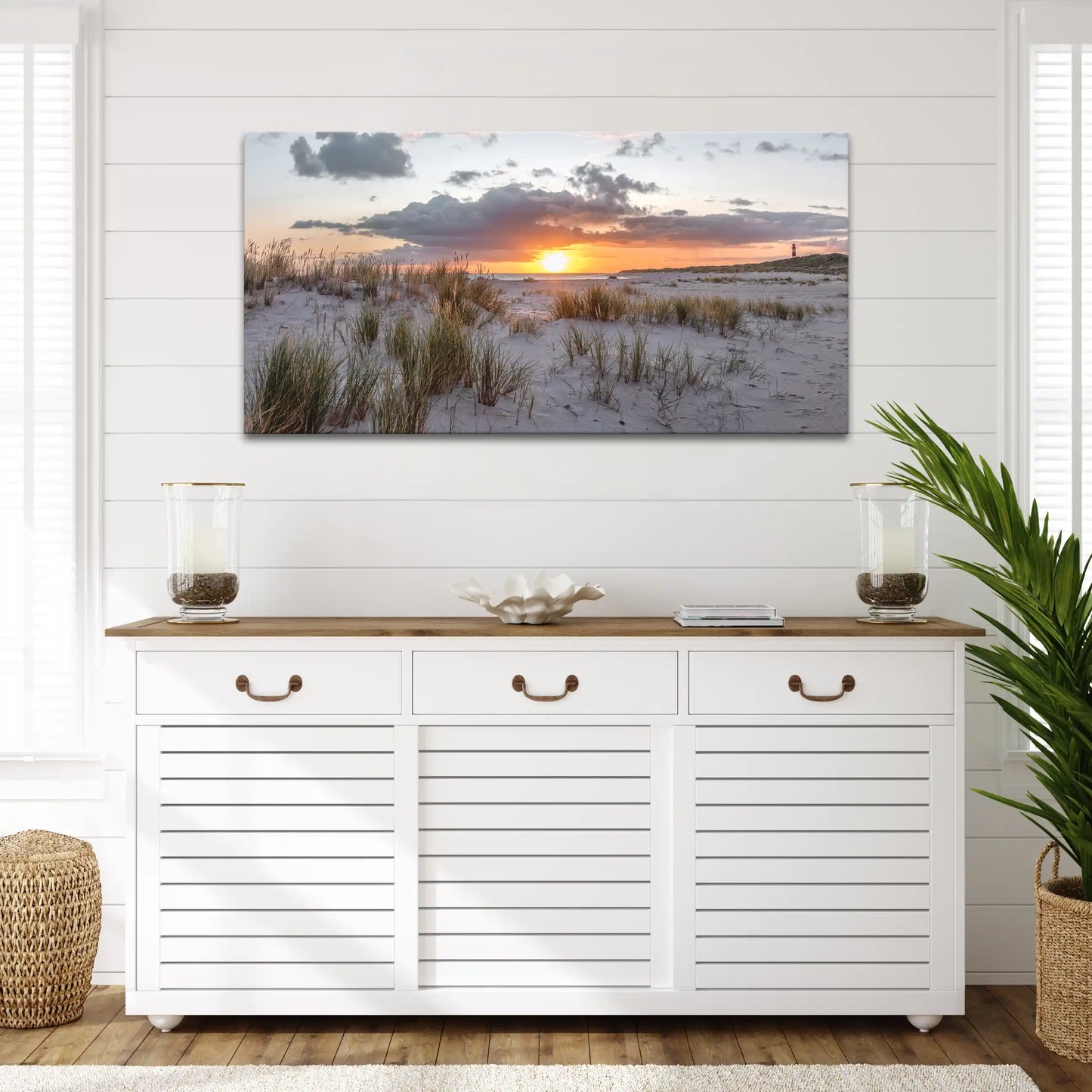 Leinwandbild Dünen und Strand am Meer bei Sonnenaufgang