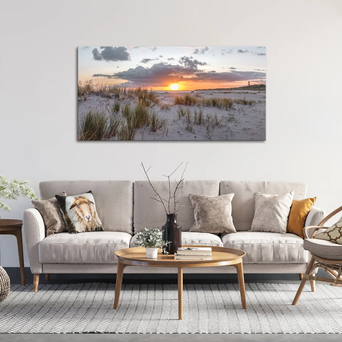 Leinwandbild Dünen und Strand am Meer bei Sonnenaufgang