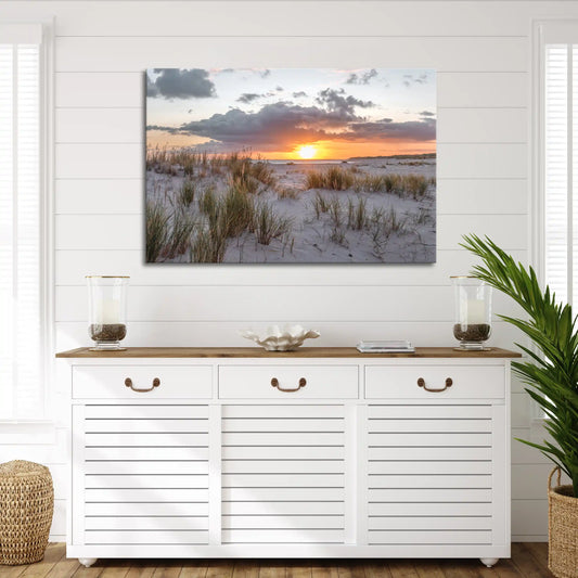 Leinwandbild Dünen und Strand am Meer bei Sonnenaufgang