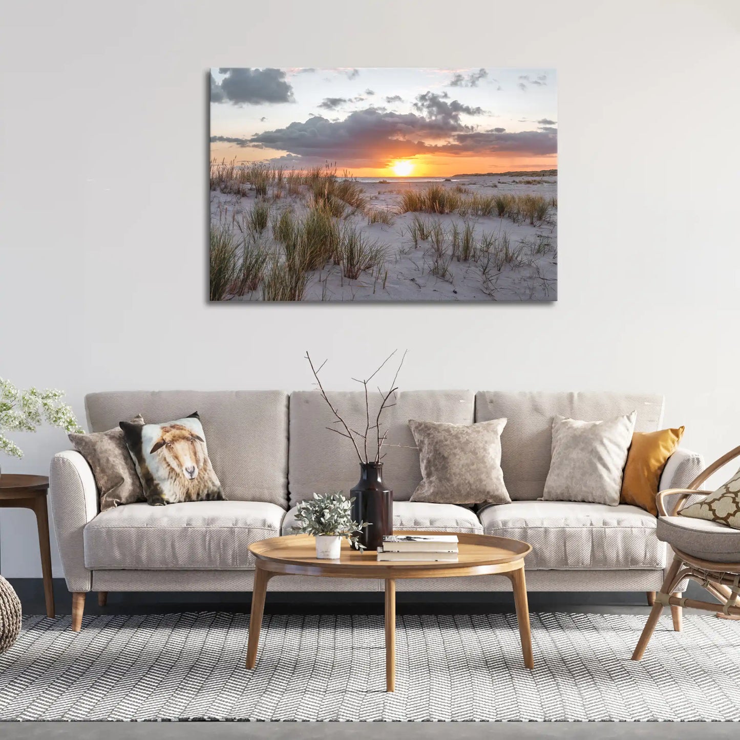 Leinwandbild Dünen und Strand am Meer bei Sonnenaufgang