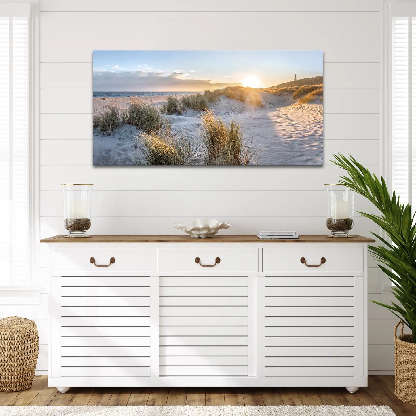 Leinwandbild Düne im roten Sonnenaufgang am Meer an der Nordsee