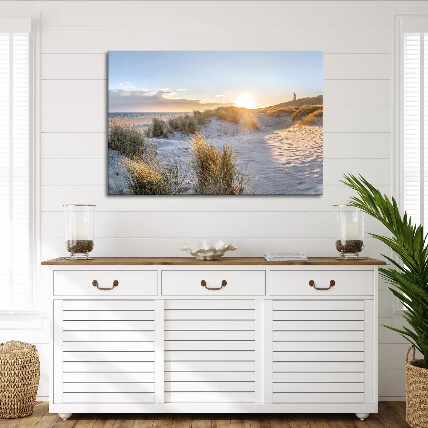 Leinwandbild Düne im roten Sonnenaufgang am Meer an der Nordsee