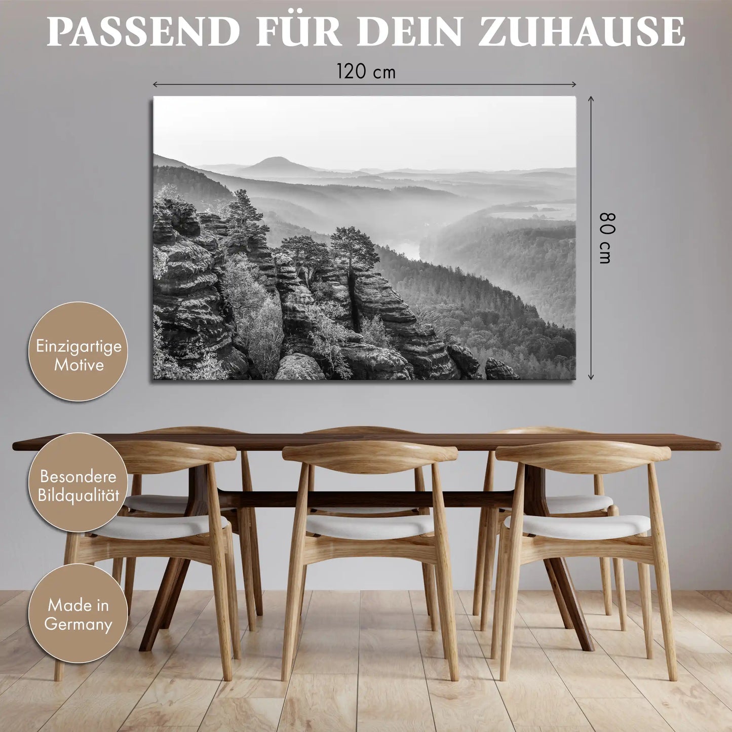 Leinwandbild Sonnenaufgang im Elbtal mit Felsen in schwarz weiß