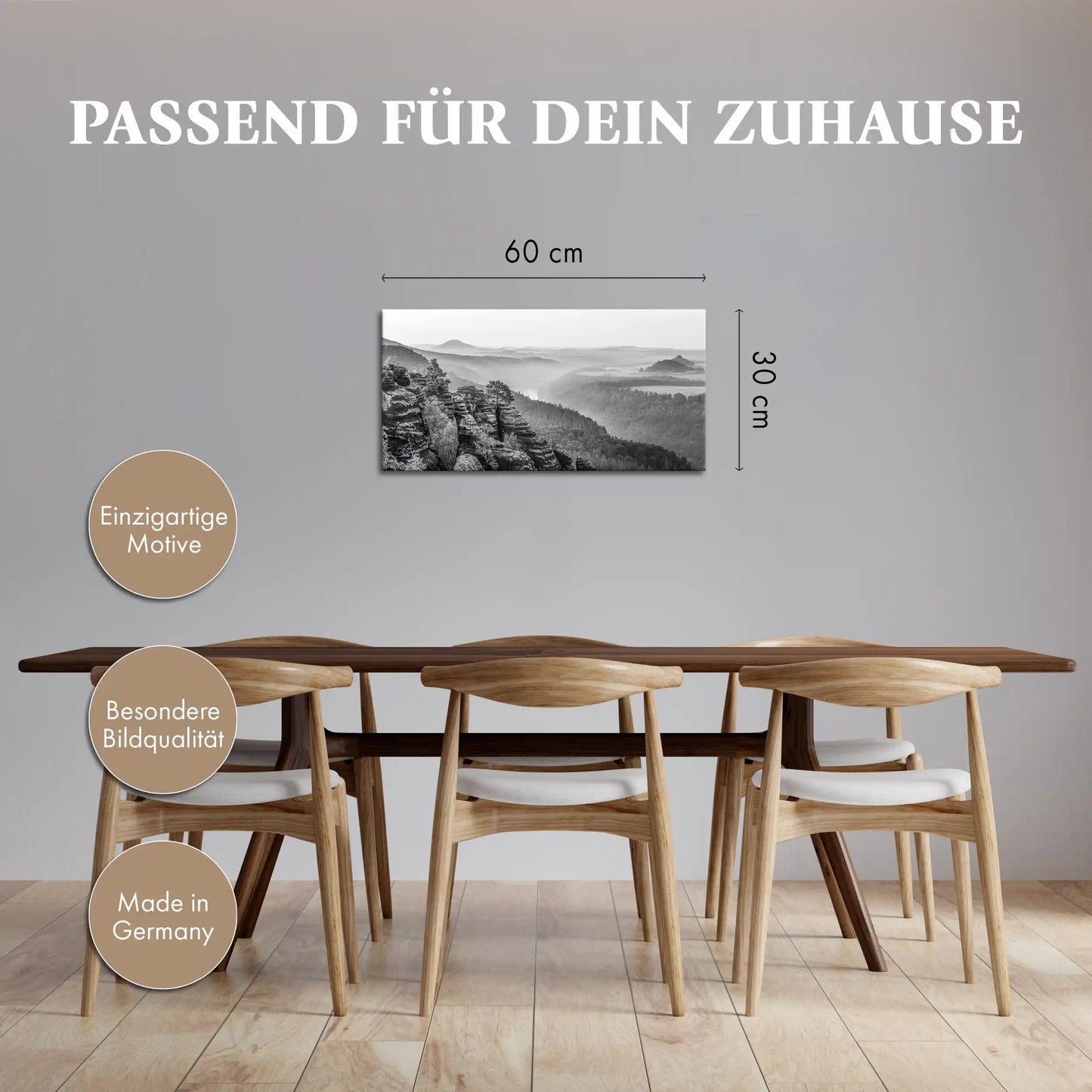 Leinwandbild Sonnenaufgang im Elbtal mit Felsen in schwarz weiß