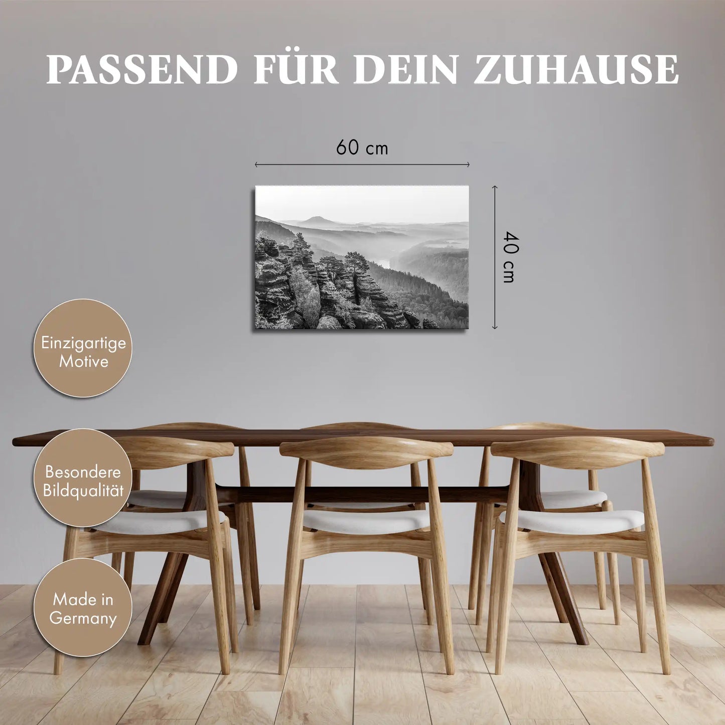 Leinwandbild Sonnenaufgang im Elbtal mit Felsen in schwarz weiß