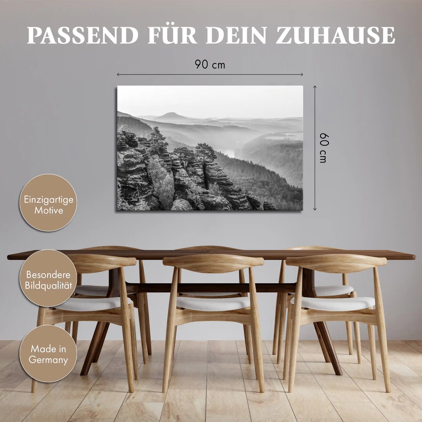 Leinwandbild Sonnenaufgang im Elbtal mit Felsen in schwarz weiß
