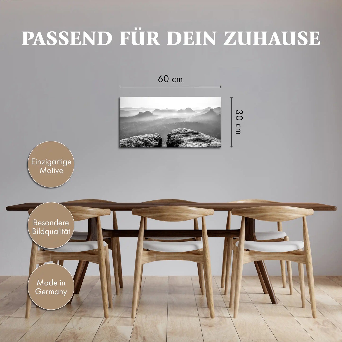 Leinwandbild Nebel und Felsen im Elbsandsteingebirge in schwarz weiß
