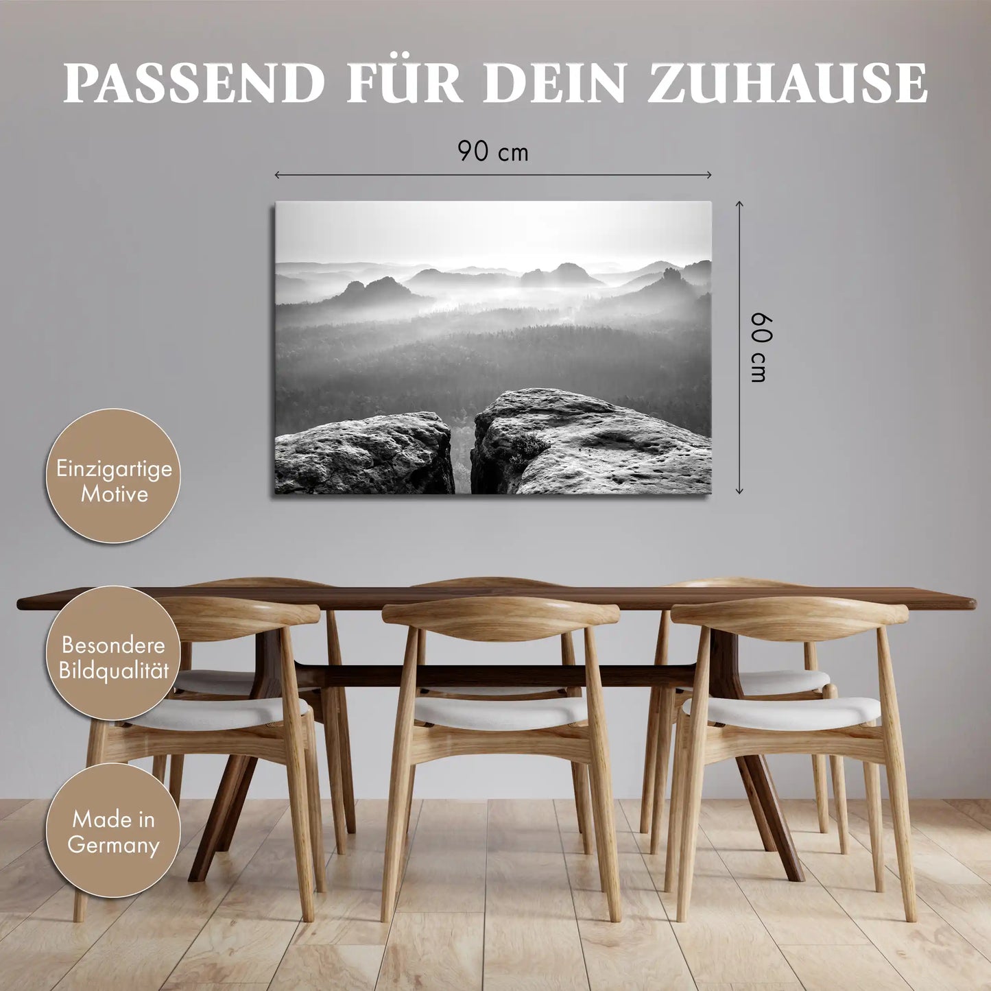 Leinwandbild Nebel und Felsen im Elbsandsteingebirge in schwarz weiß
