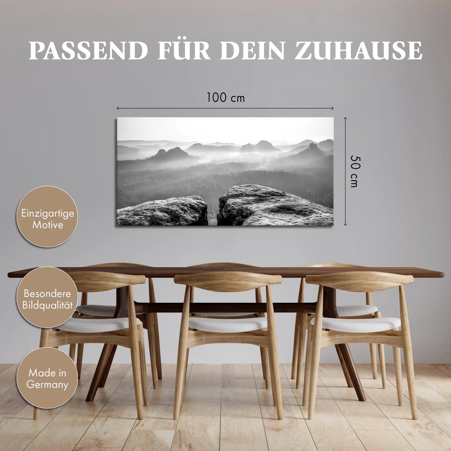 Leinwandbild Nebel und Felsen im Elbsandsteingebirge in schwarz weiß