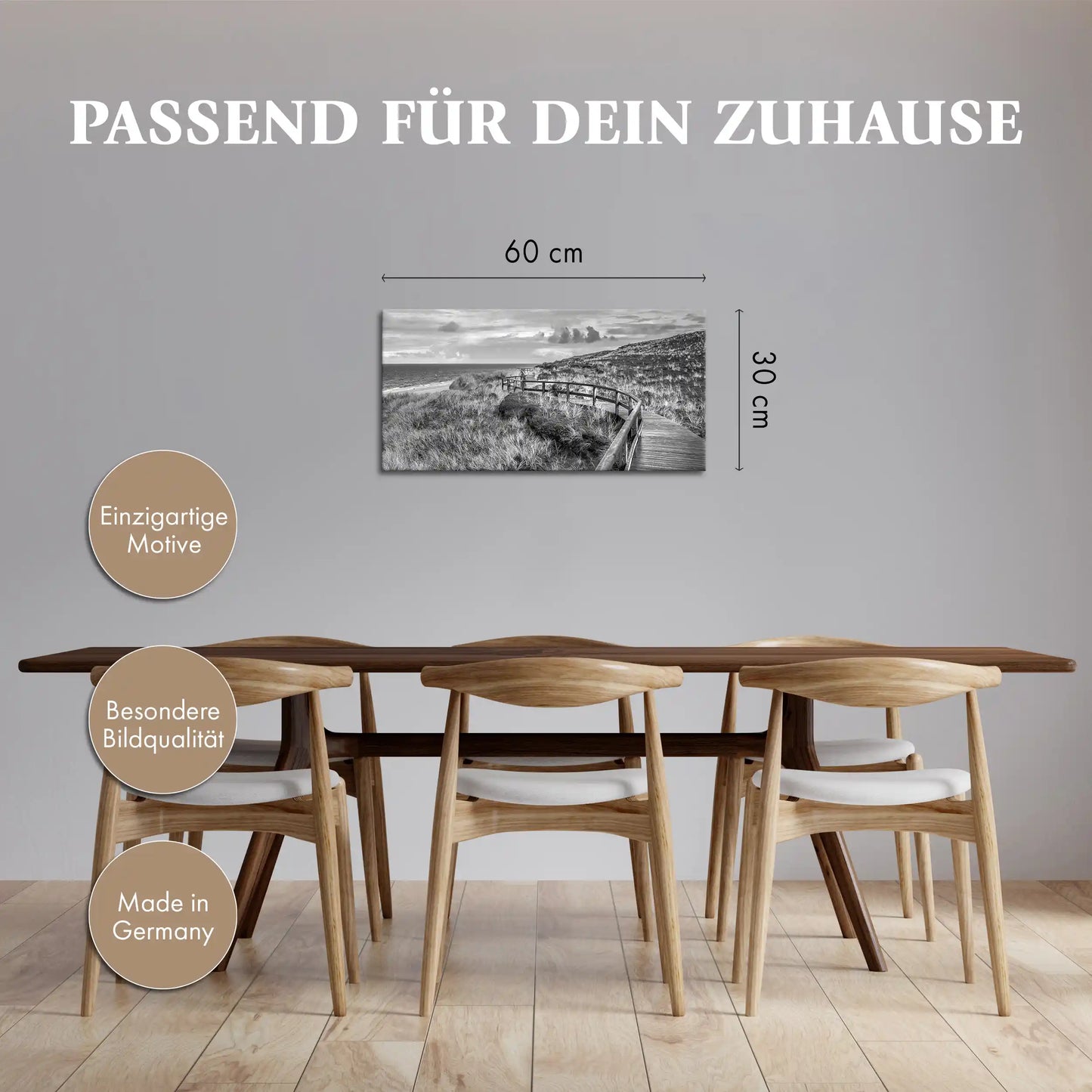 Leinwandbild Holzsteg in Düne an der Nordsee in schwarz weiß