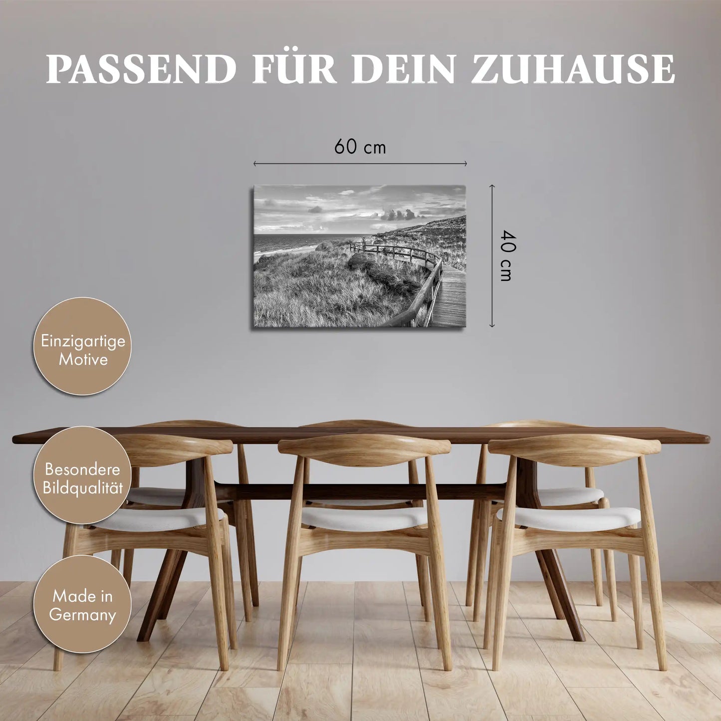 Leinwandbild Holzsteg in Düne an der Nordsee in schwarz weiß
