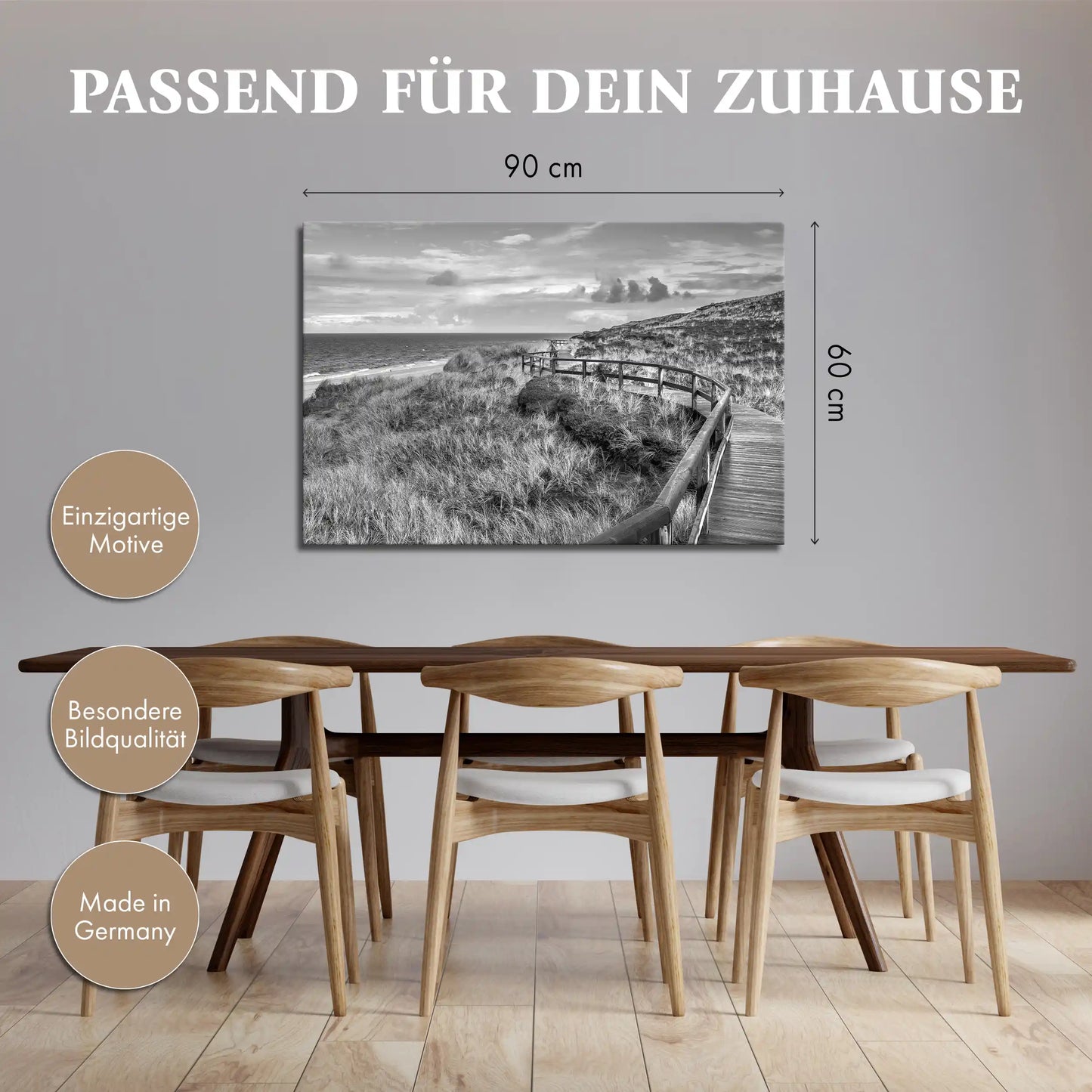 Leinwandbild Holzsteg in Düne an der Nordsee in schwarz weiß