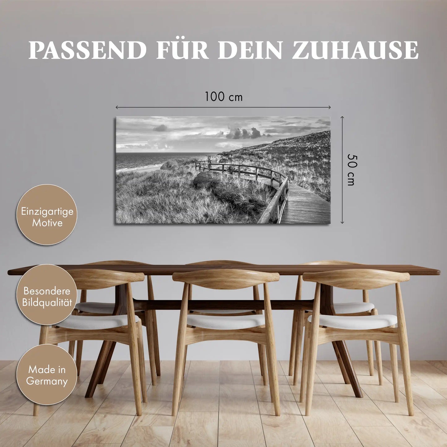 Leinwandbild Holzsteg in Düne an der Nordsee in schwarz weiß