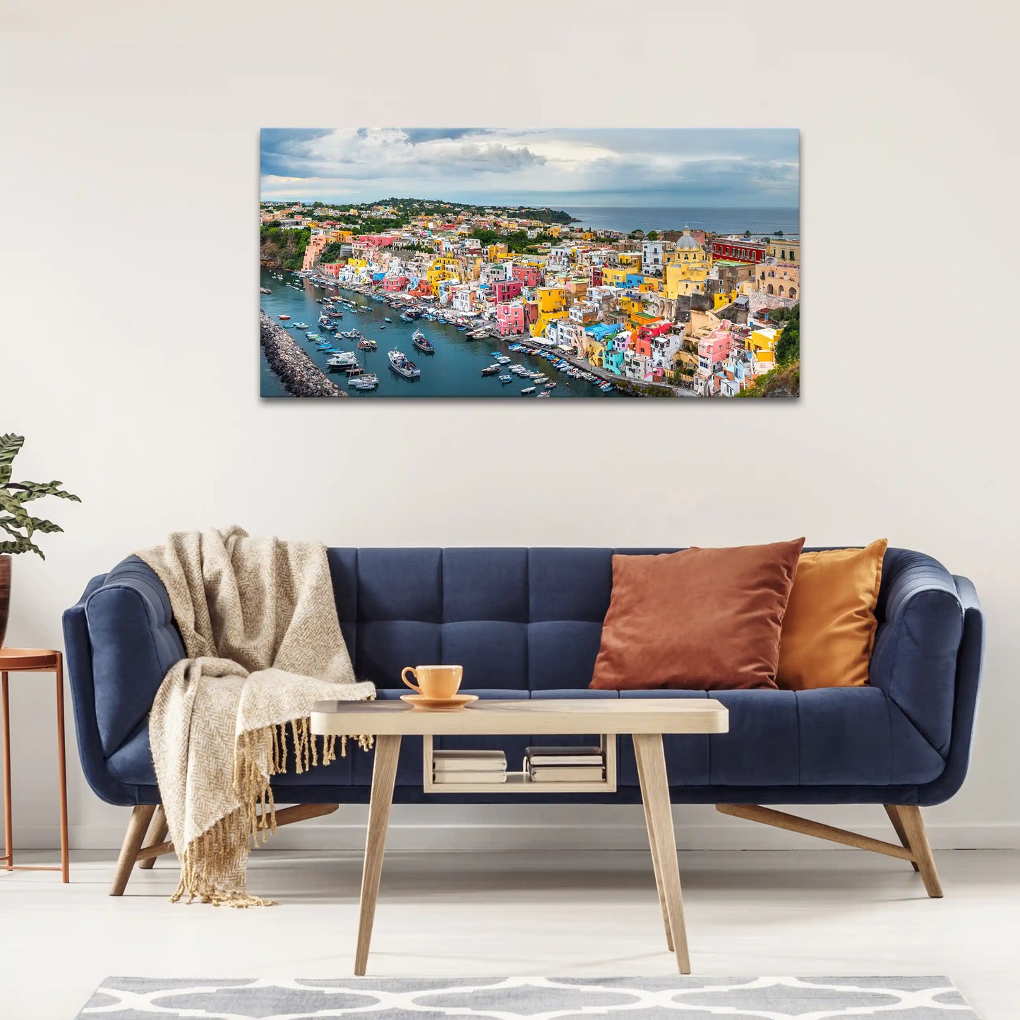 Leinwandbild mit Blick auf die Amalfiküste in Italien mit bunten Häusern und Meer