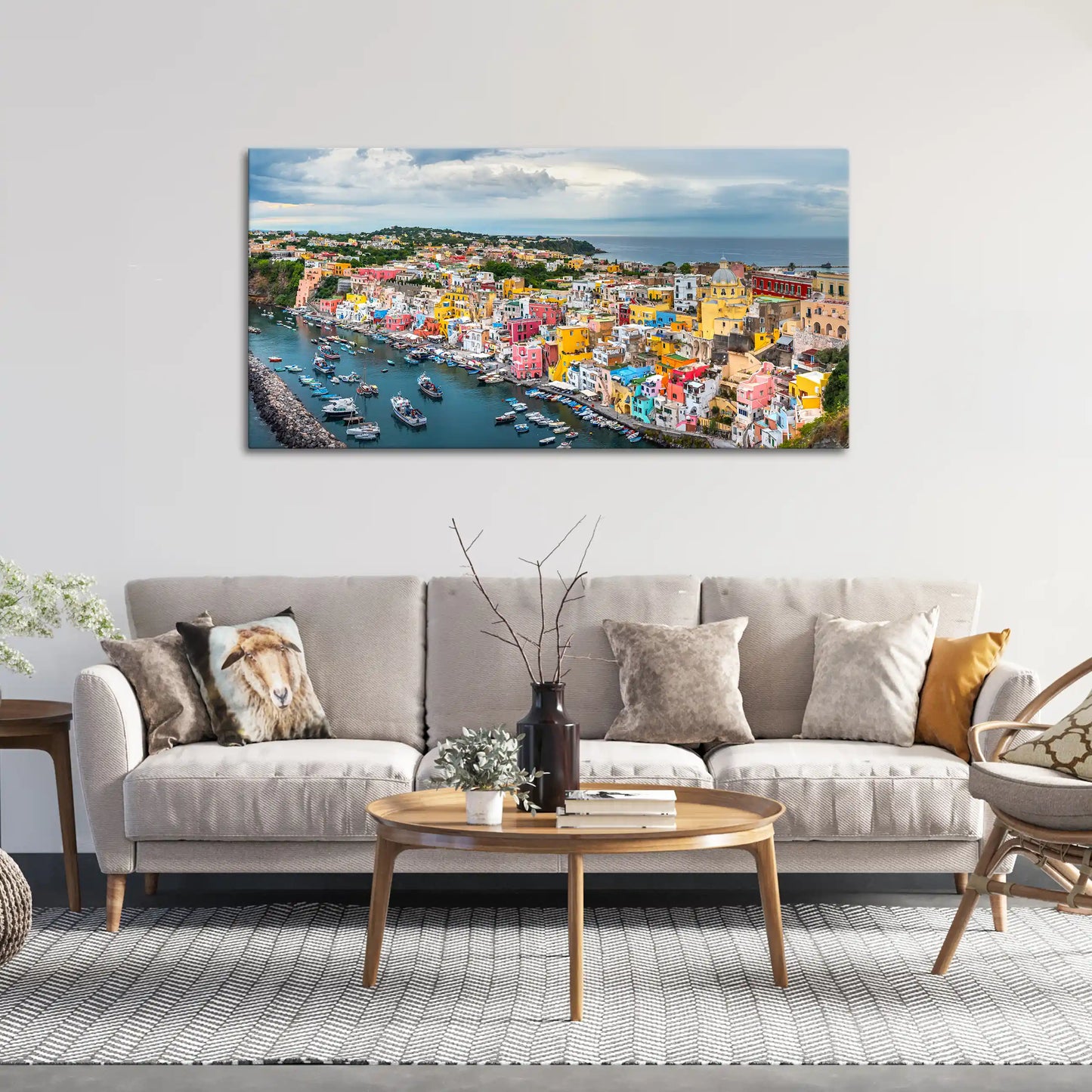 Leinwandbild mit Blick auf die Amalfiküste in Italien mit bunten Häusern und Meer