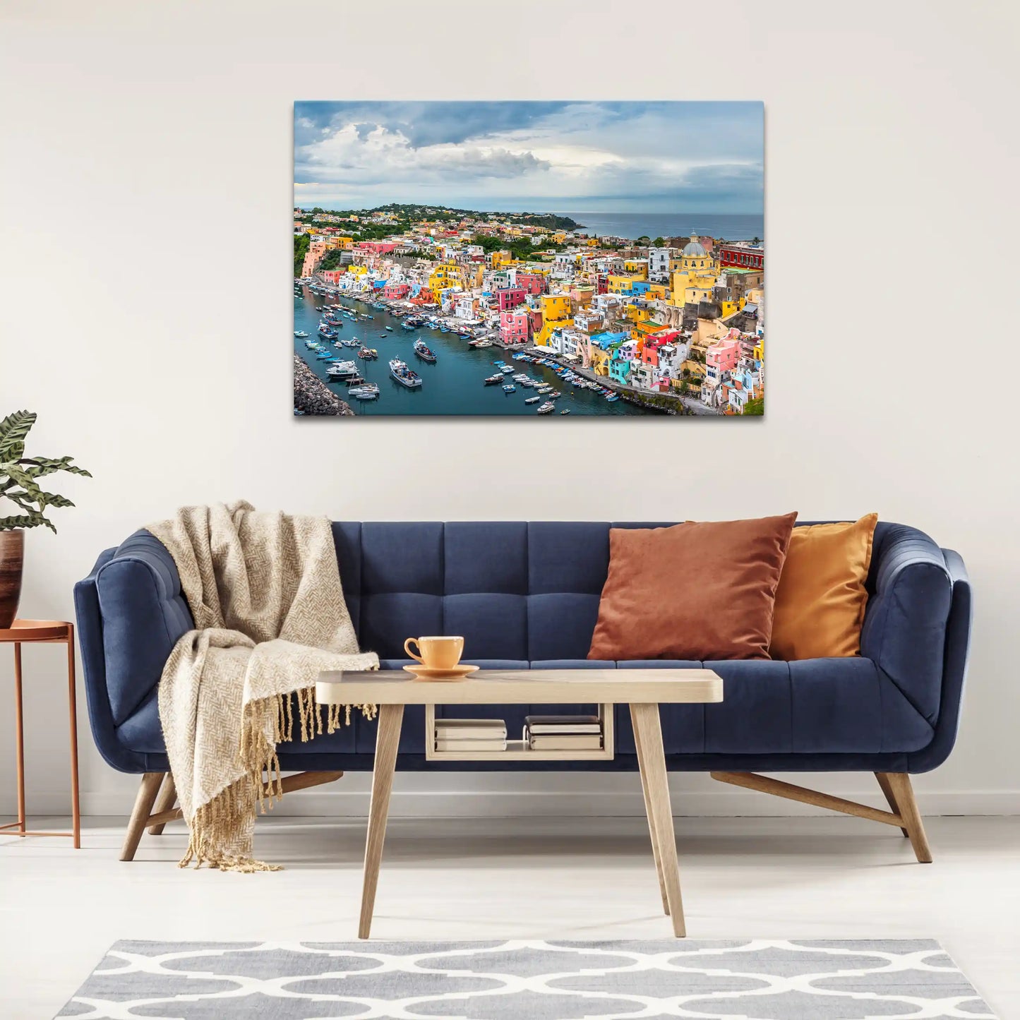 Leinwandbild mit Blick auf die Amalfiküste in Italien mit bunten Häusern und Meer