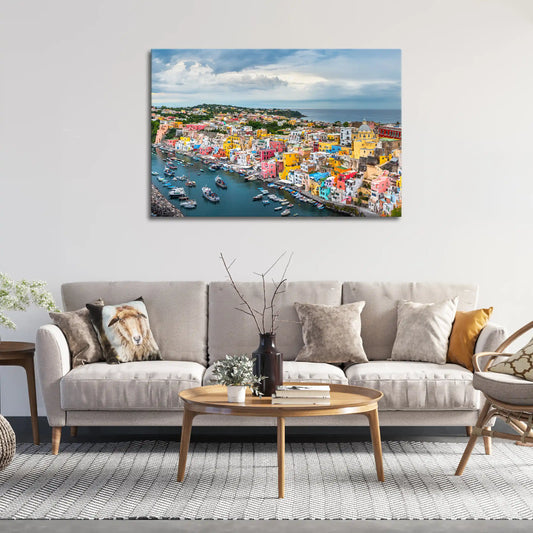 Leinwandbild mit Blick auf die Amalfiküste in Italien mit bunten Häusern und Meer