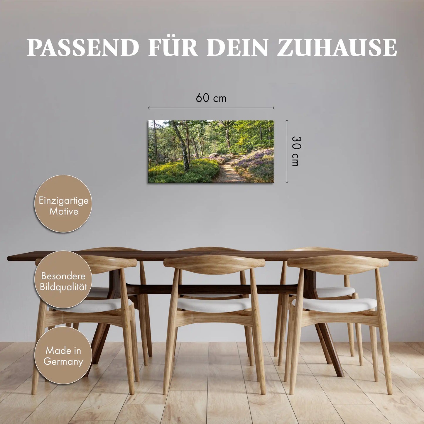 Leinwandbild grüner Wald Pfad bei Sonnenaufgang