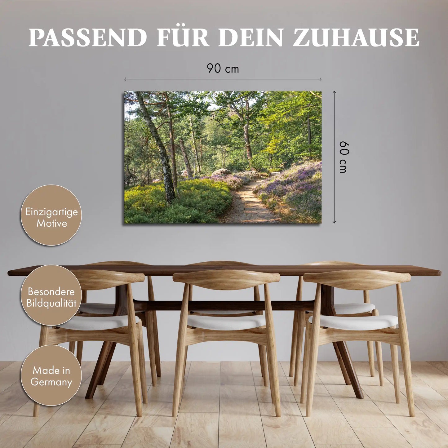 Leinwandbild grüner Wald Pfad bei Sonnenaufgang