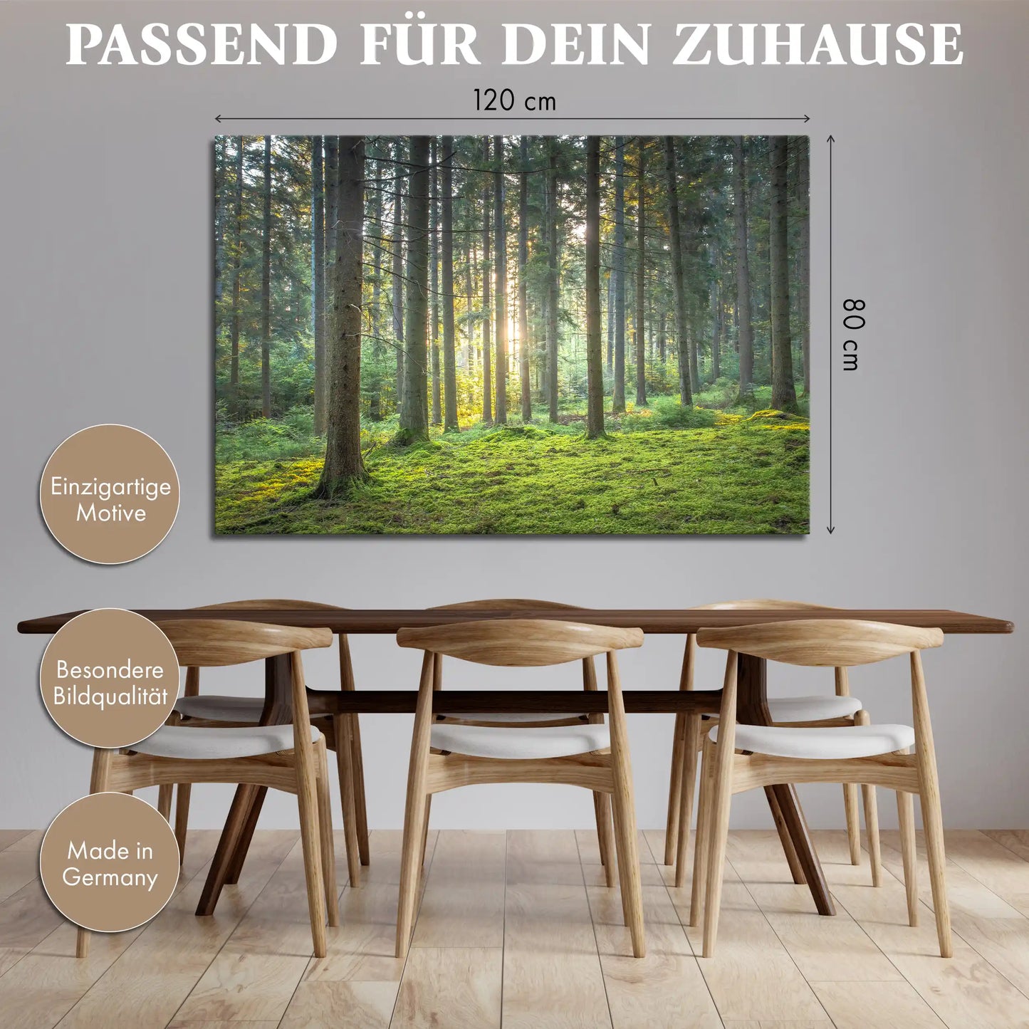 Leinwandbild grüner Wald mit Moos bei Sonnenaufgang