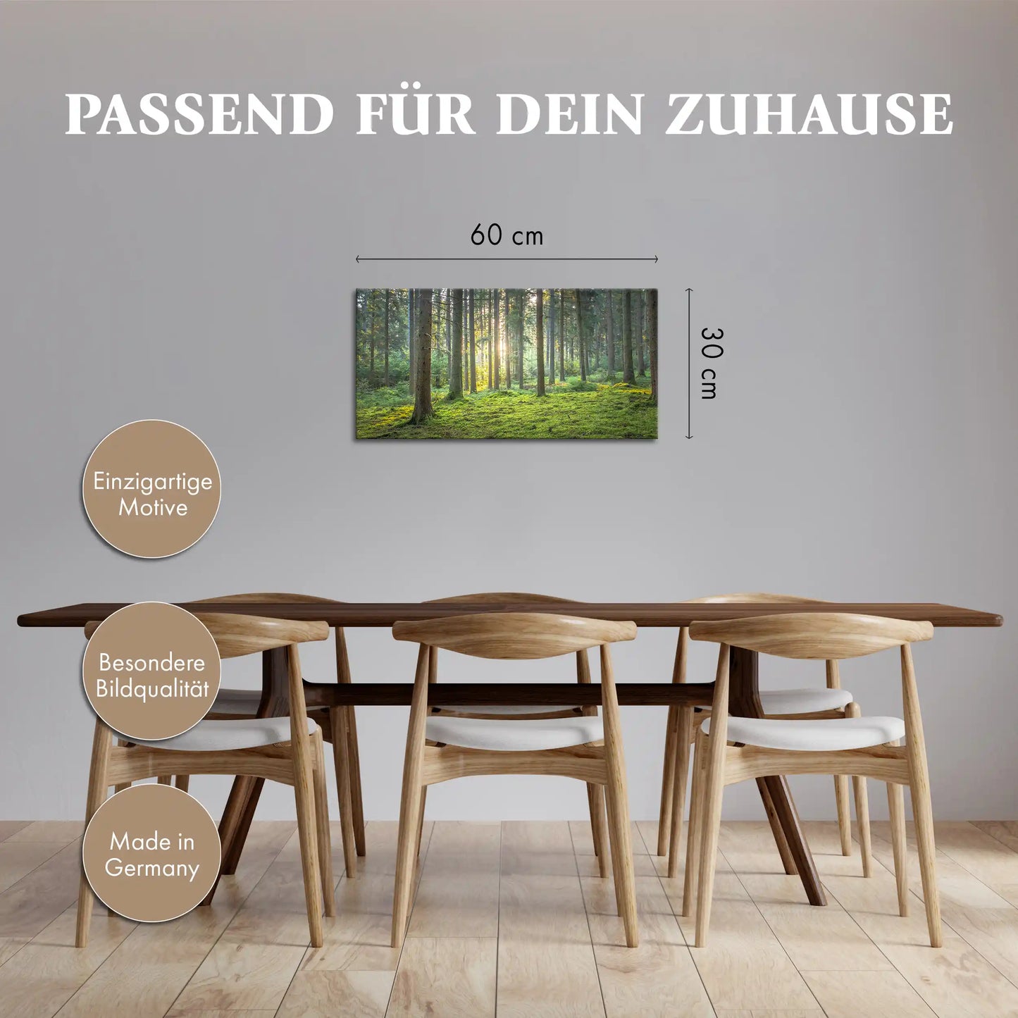 Leinwandbild grüner Wald mit Moos bei Sonnenaufgang