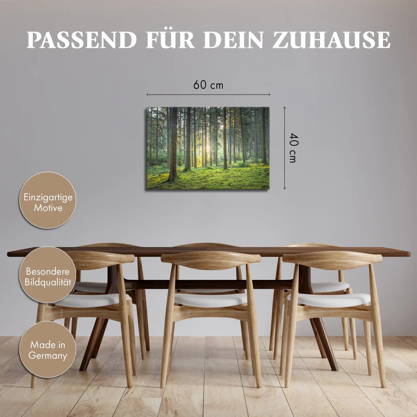 Leinwandbild grüner Wald mit Moos bei Sonnenaufgang