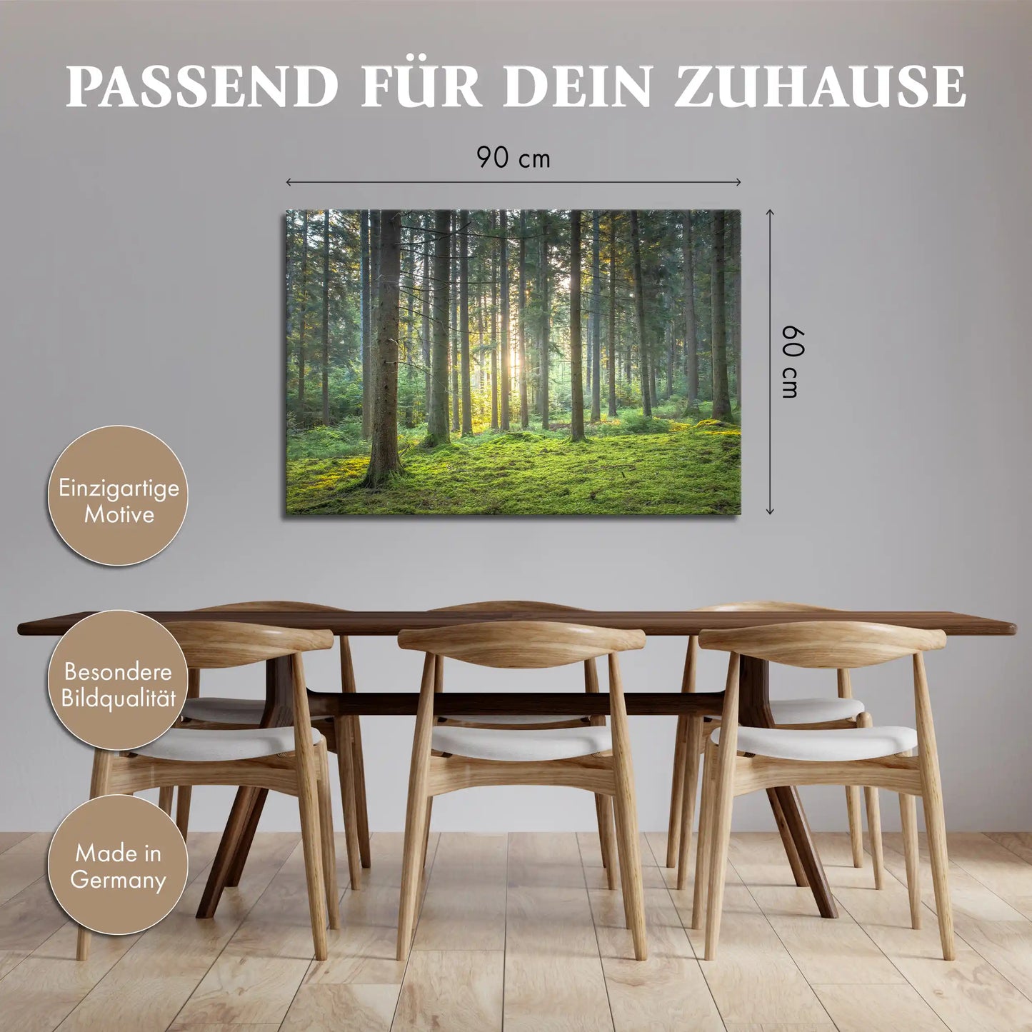 Leinwandbild grüner Wald mit Moos bei Sonnenaufgang
