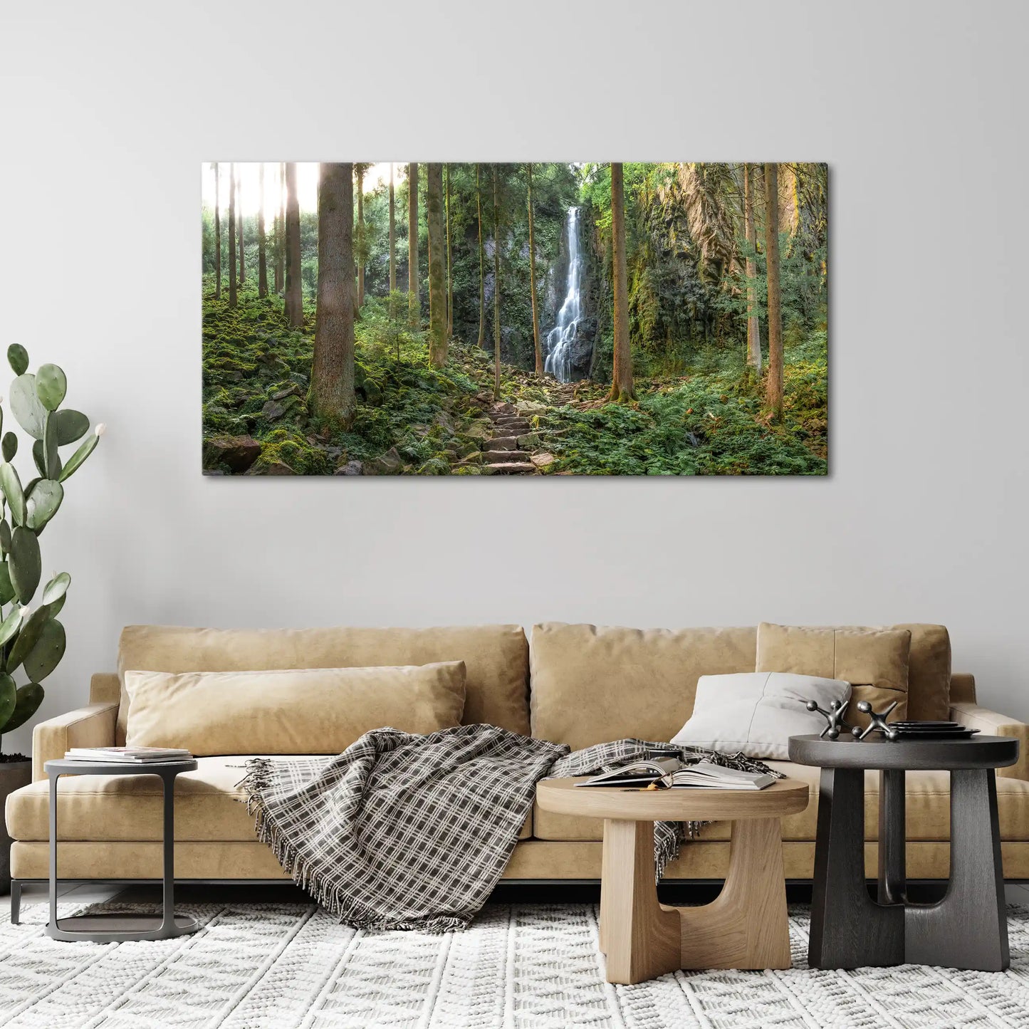 Leinwandbild Wald mit steinerner Treppe im Schwarzwald mit Wasserfall