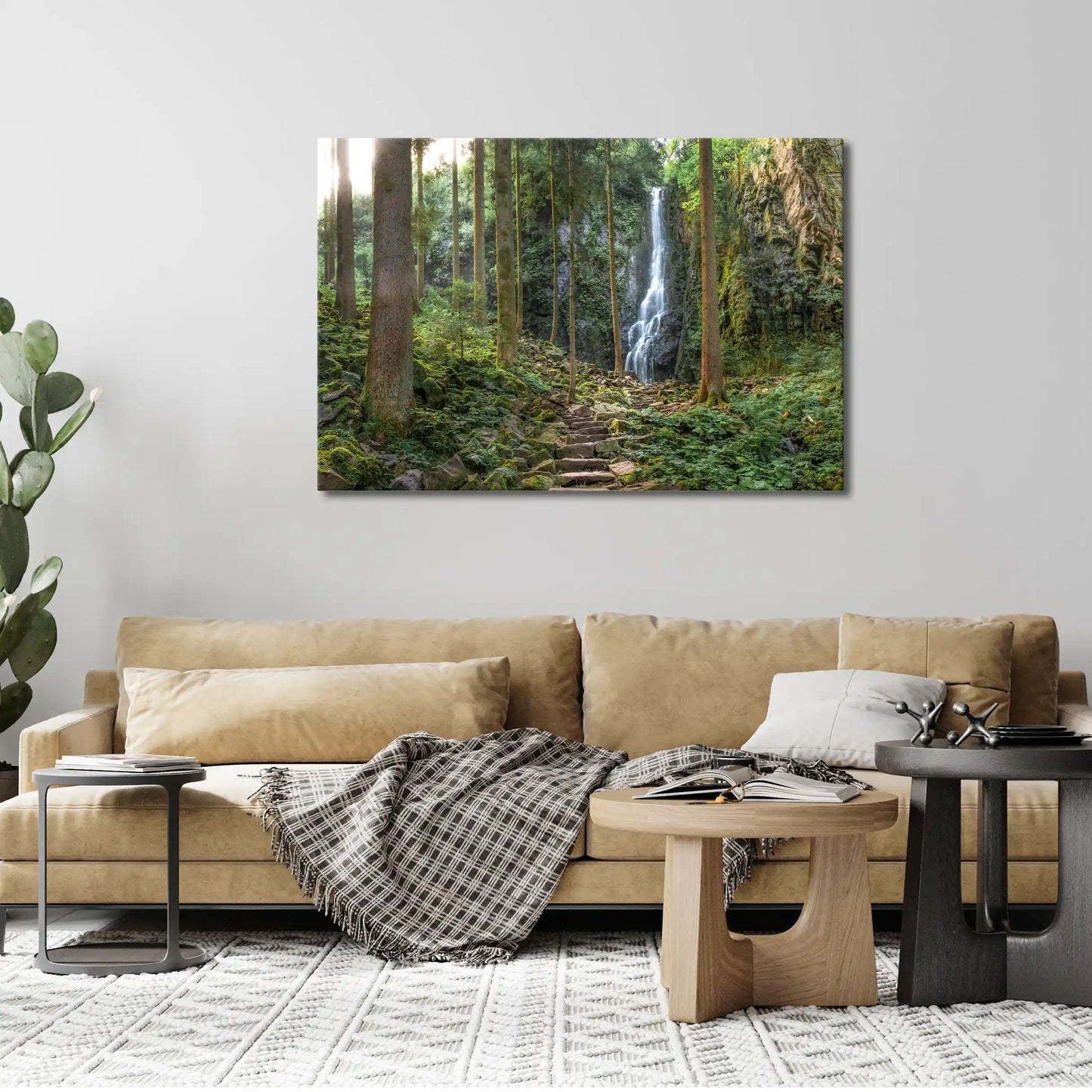 Leinwandbild Wald mit steinerner Treppe im Schwarzwald mit Wasserfall