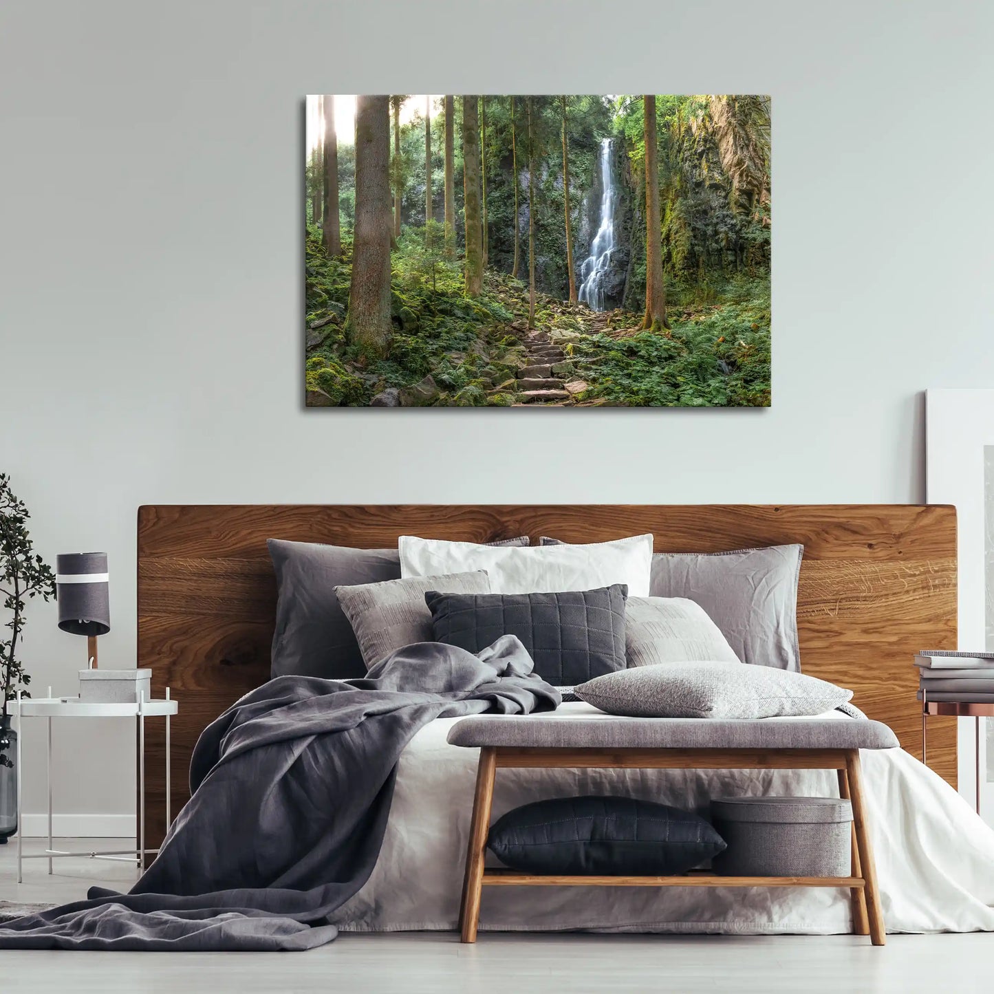 Leinwandbild Wald mit steinerner Treppe im Schwarzwald mit Wasserfall