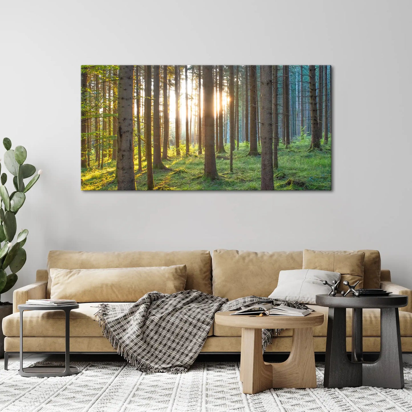 Leinwandbild grüner Wald im Sonnenaufgang