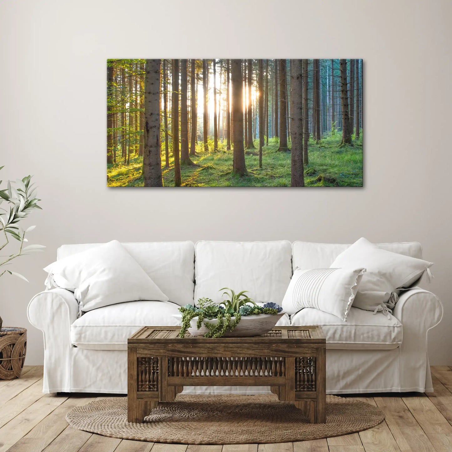 Leinwandbild grüner Wald im Sonnenaufgang