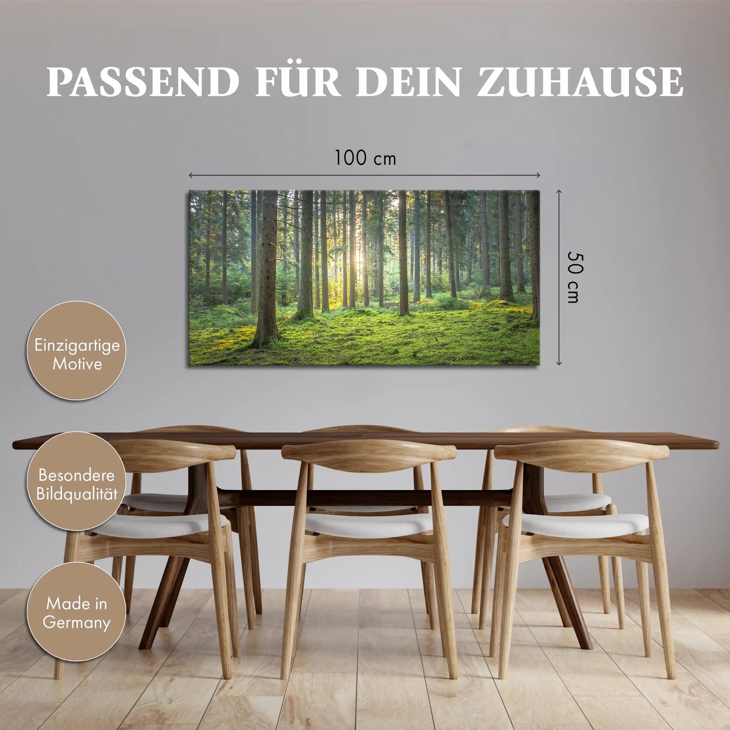 Leinwandbild grüner Wald mit Moos bei Sonnenaufgang