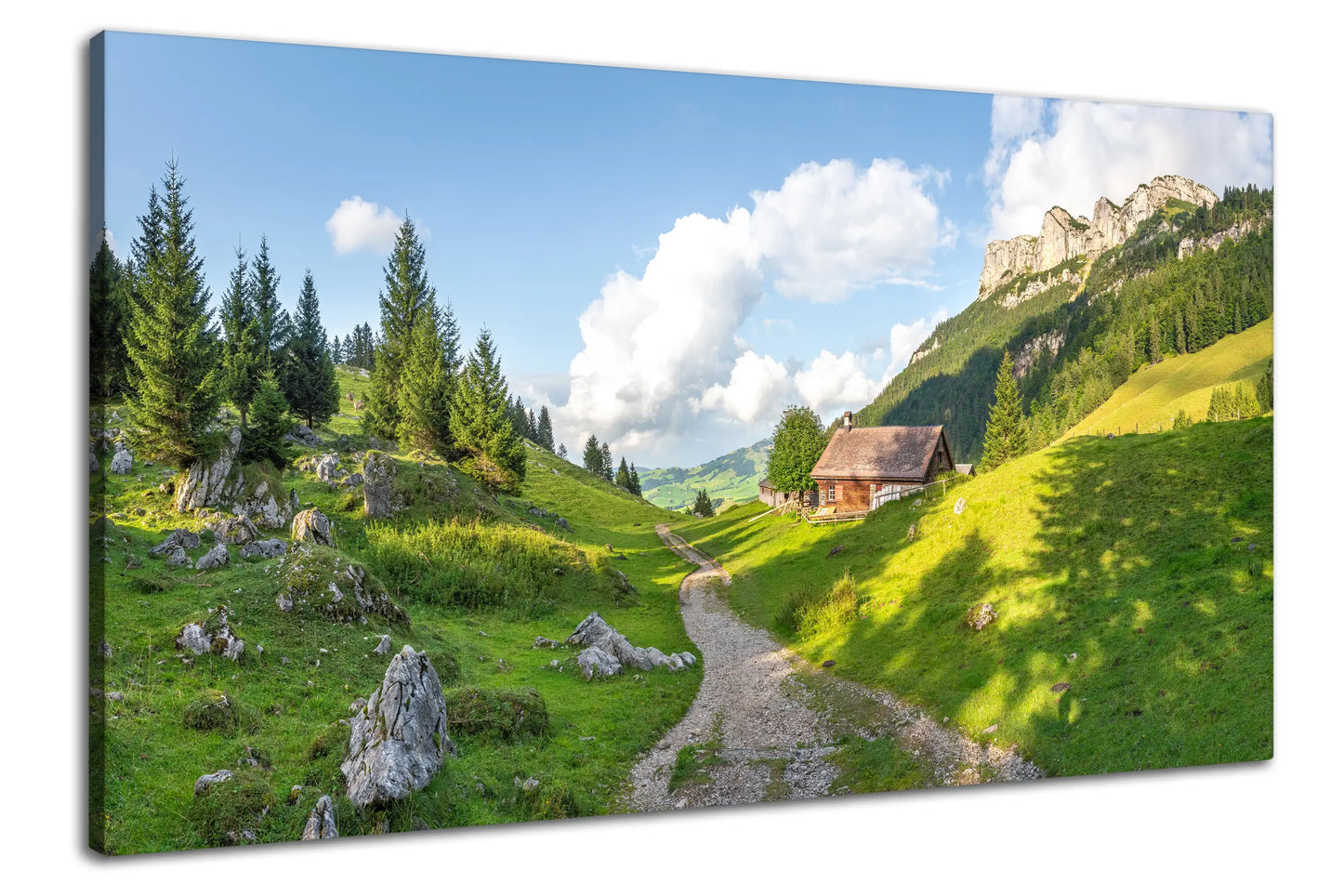 Leinwandbild Alpen Schweizer Berge und idyllische Hütte