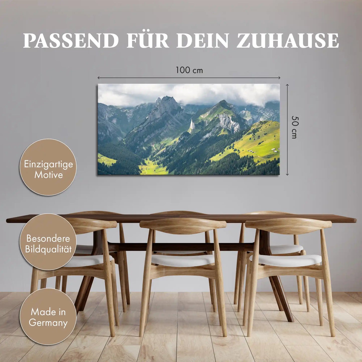 Leinwandbild Schweizer Alpenlandschaft bei bewölktem Himmel im Esszimmer oder Küche mit Größendarstellung