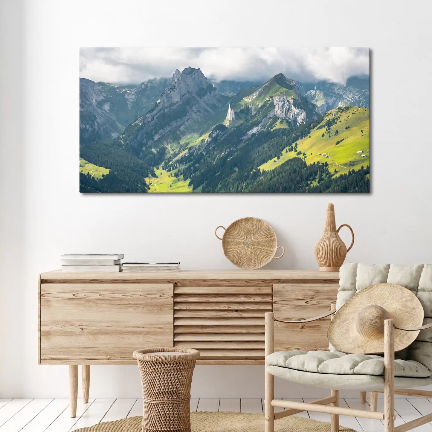 Leinwandbild Schweizer Alpen Landschaft über Kommode im Wohnzimmer
