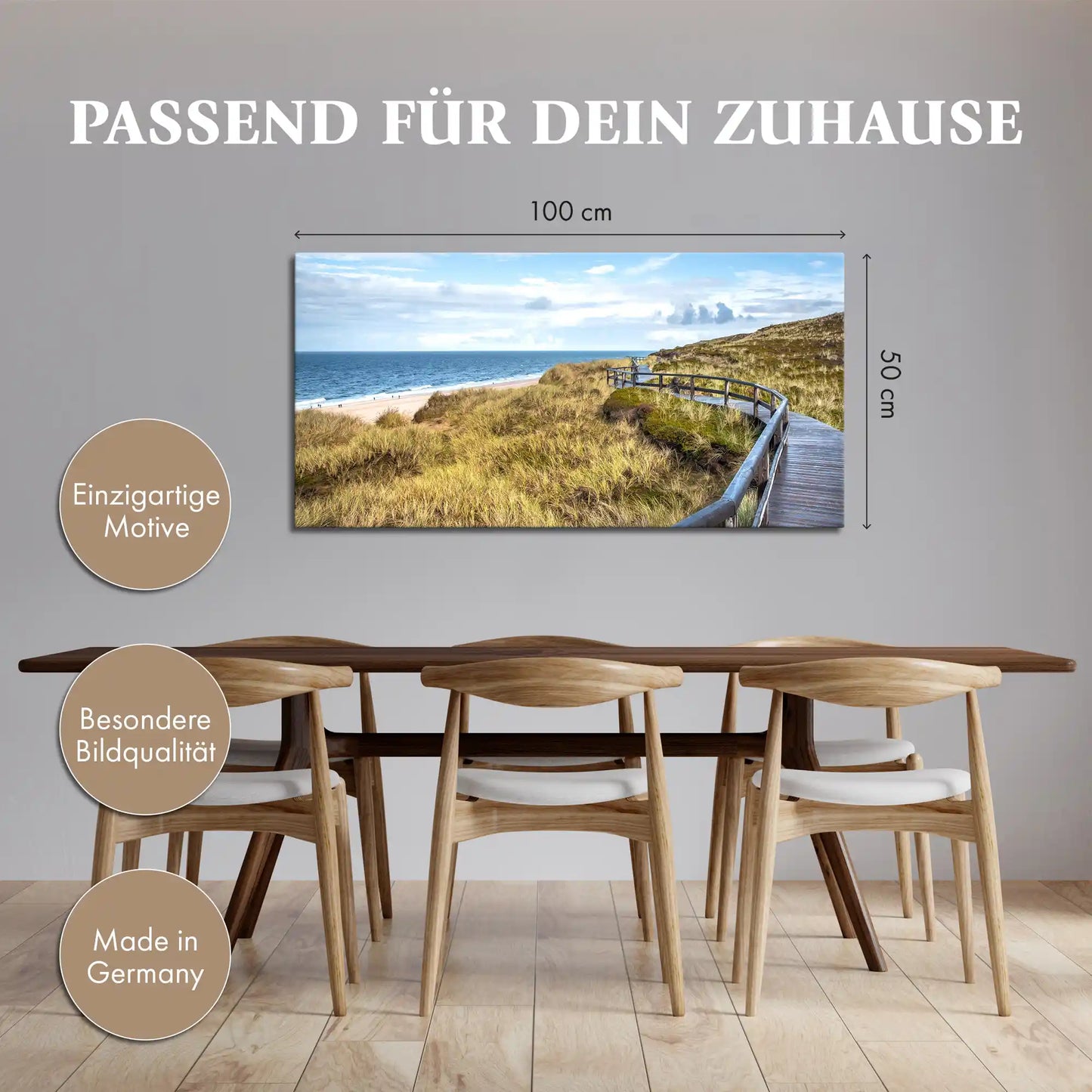 Leinwandbild Düne im mit Holzsteg am Meer an der Nordsee im Esszimmer oder Küche mit Größendarstellung