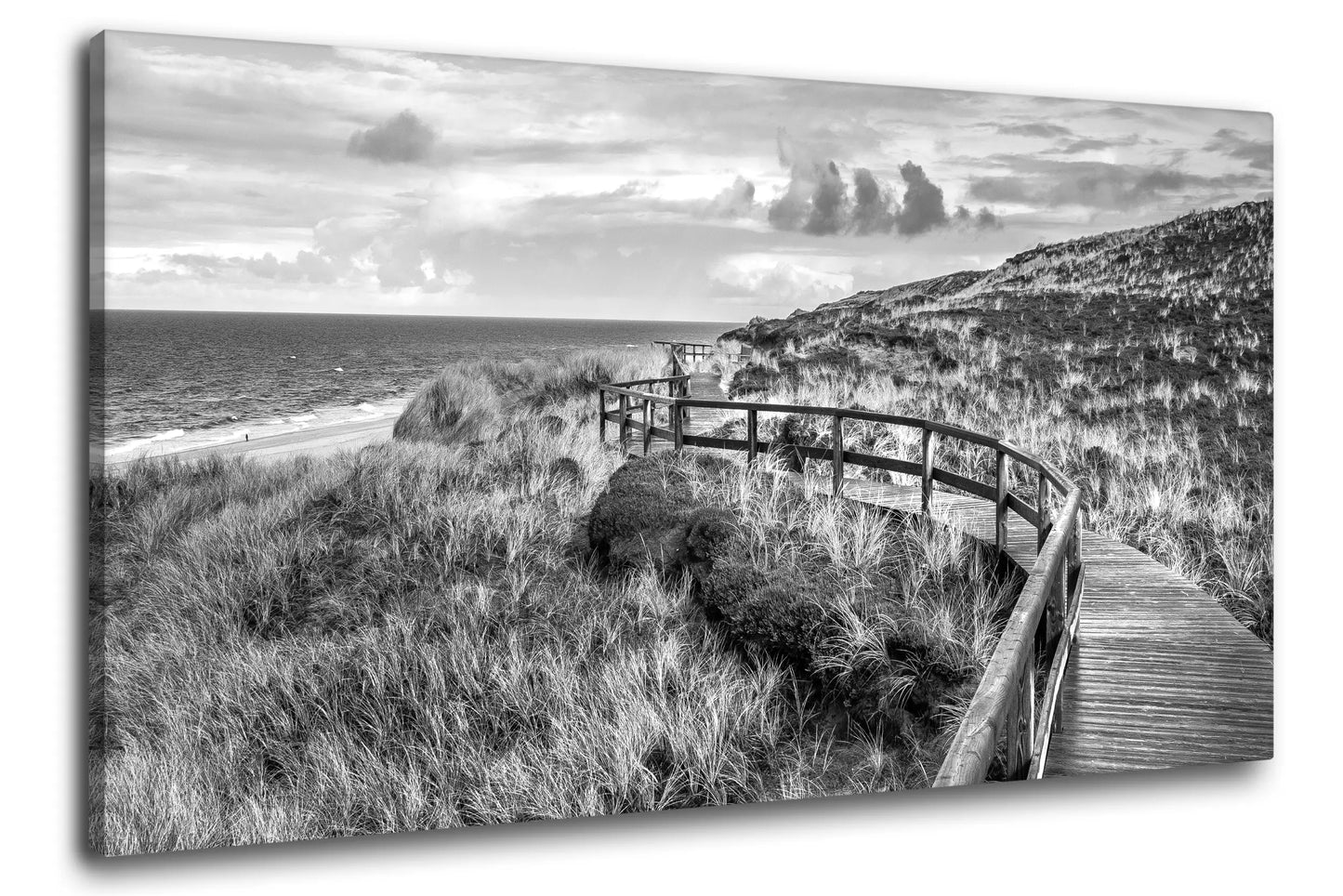 Leinwandbild Holzsteg in Düne an der Nordsee in schwarz weiß