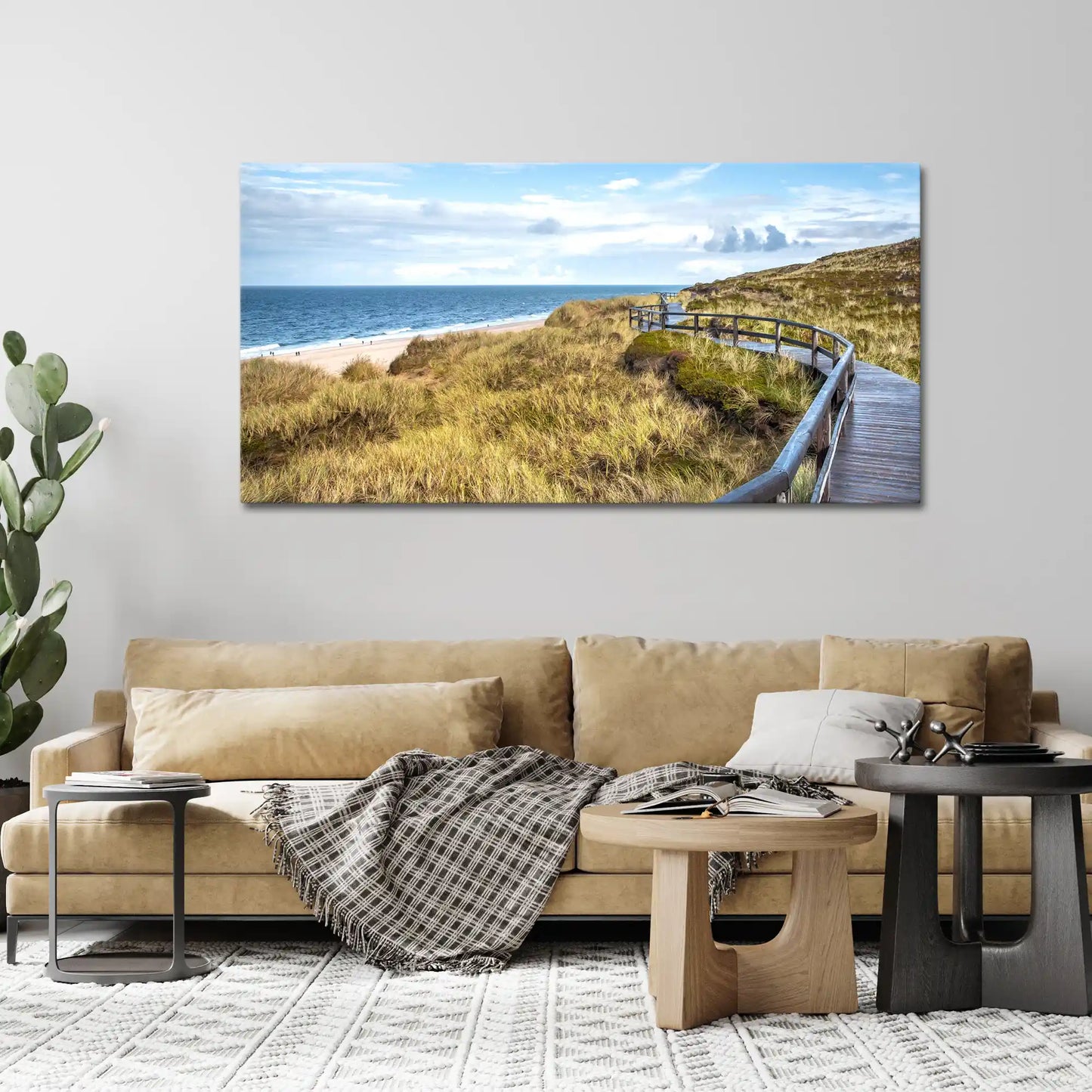 Leinwandbild Düne im mit Holzsteg am Meer an der Nordsee über Couch in Wohnzimmer