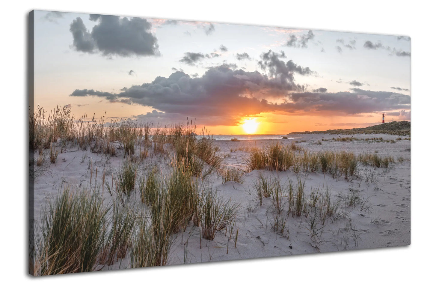 Leinwandbild Dünen und Strand am Meer bei Sonnenaufgang