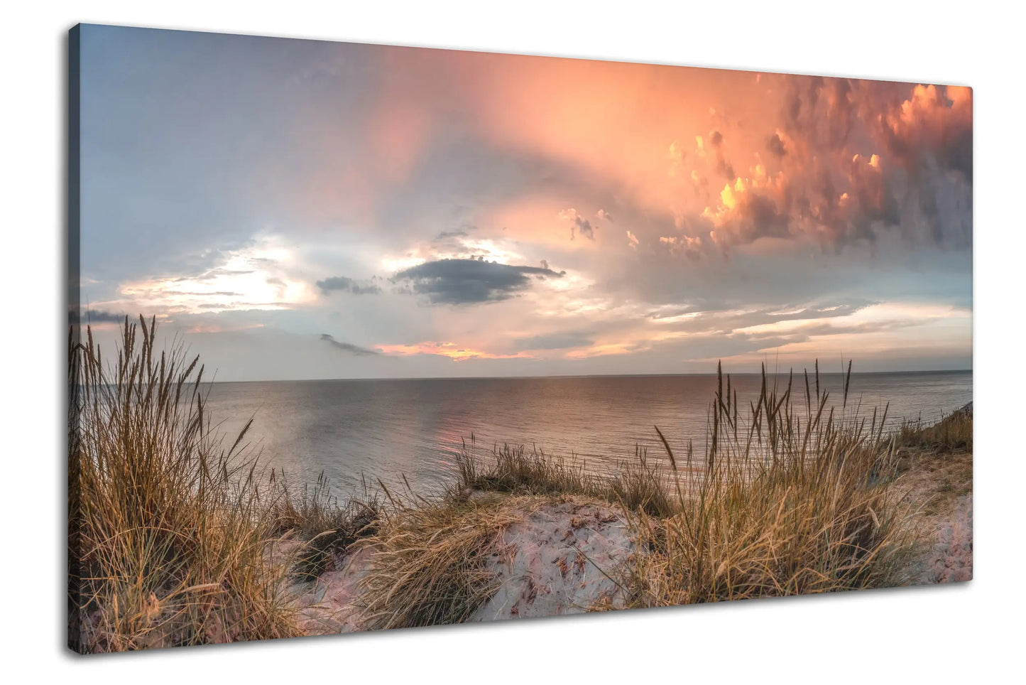 Leinwandbild Düne im roten Sonnenuntergang am Meer an der Nordsee