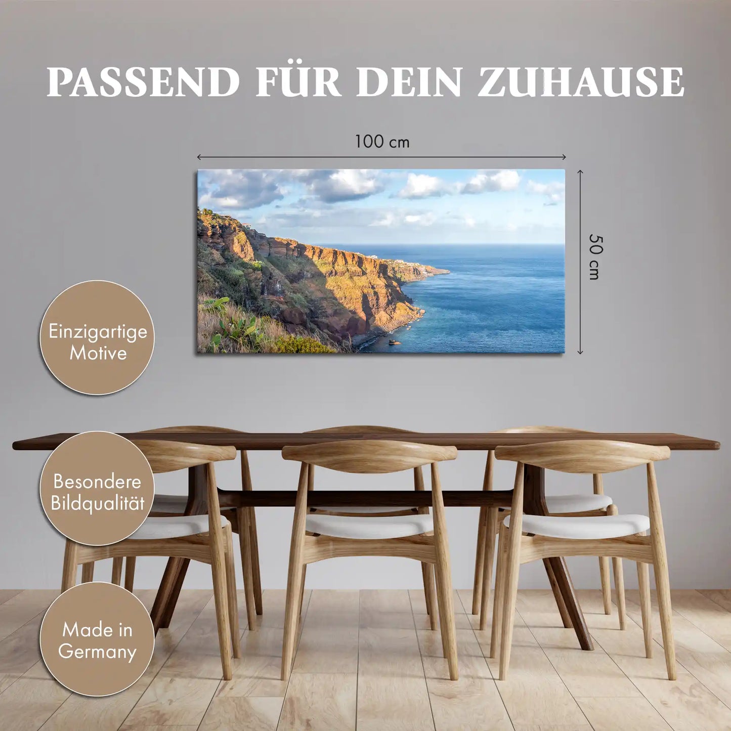 Leinwandbild Steilküste von Madeira mit Meer im Esszimmer oder Küche mit Größendarstellung