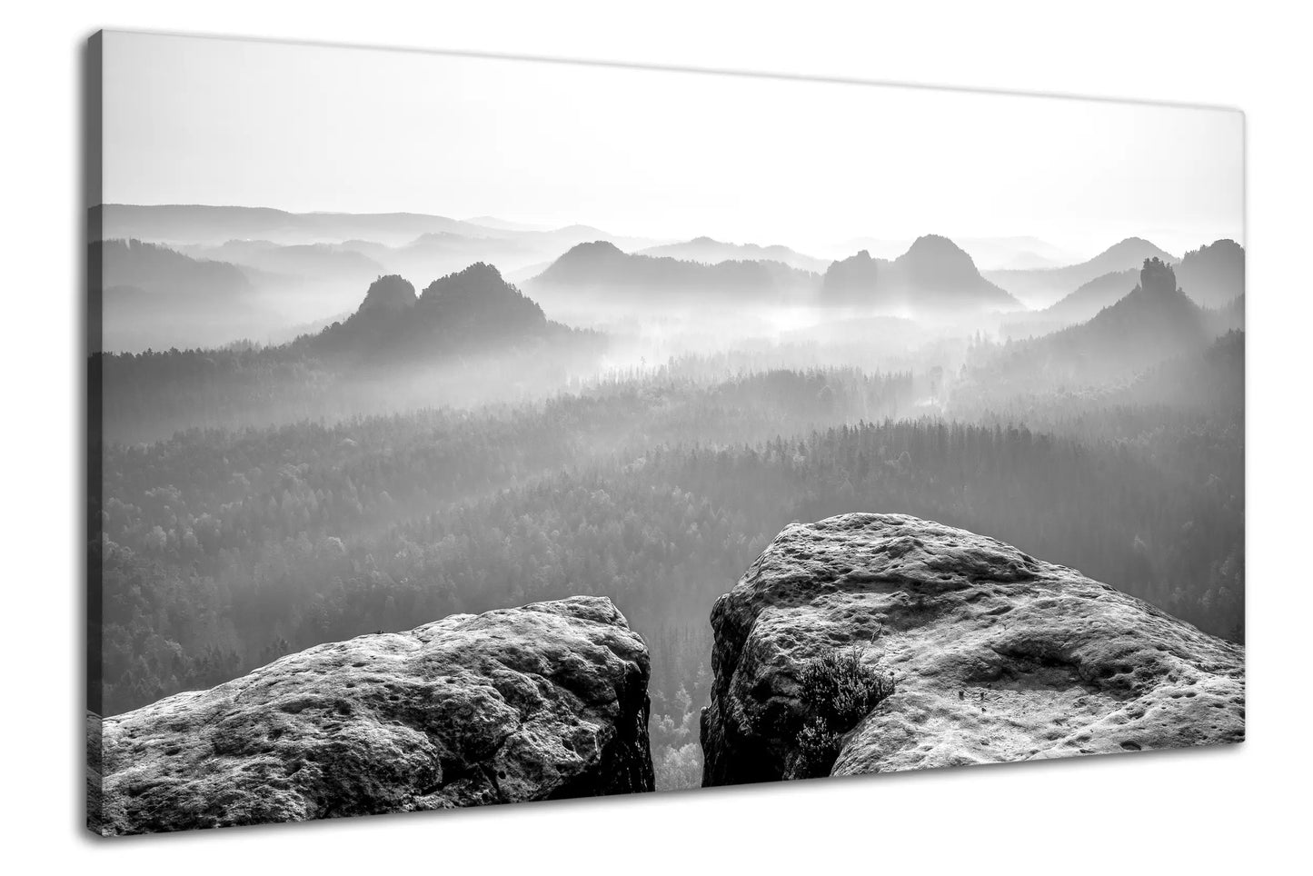 Leinwandbild Nebel und Felsen im Elbsandsteingebirge in schwarz weiß