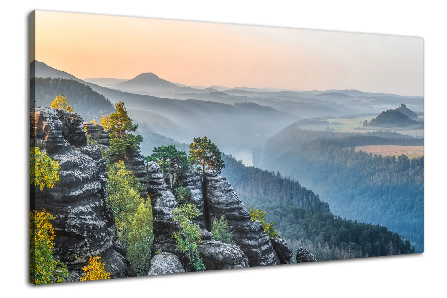 Leinwandbild Sonnenaufgang im Elbtal mit Felsen und Wald