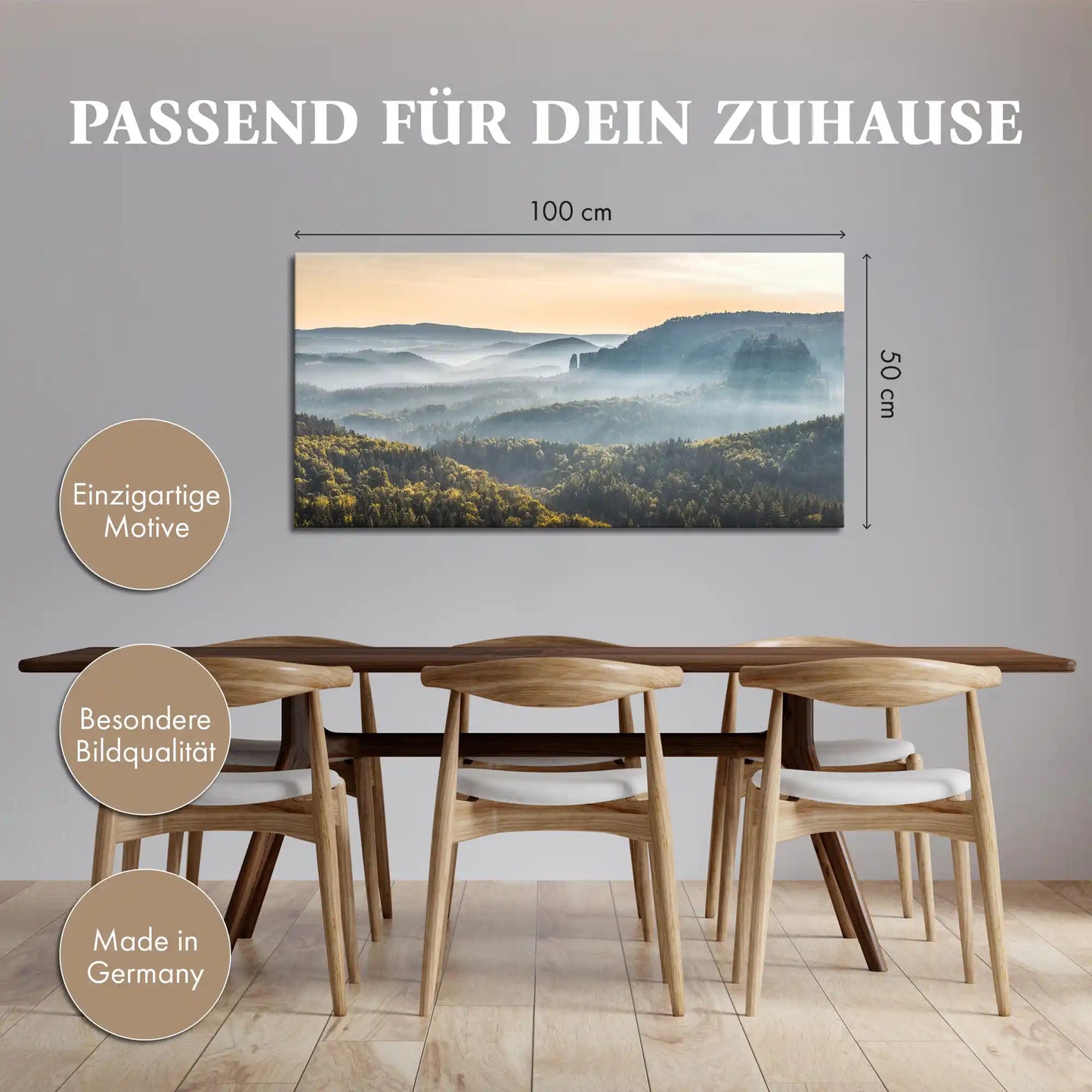 Leinwandbild Landschaft Tal im Sonnenaufgang mit Nebel im Esszimmer oder Küche mit Größendarstellung