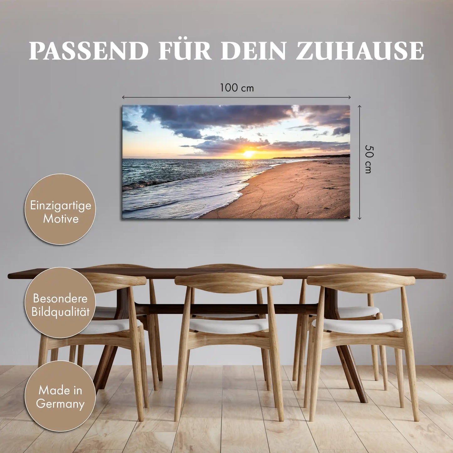 Leinwandbild Strand im Sonnenaufgang am Meer im Esszimmer oder Küche mit Größendarstellung