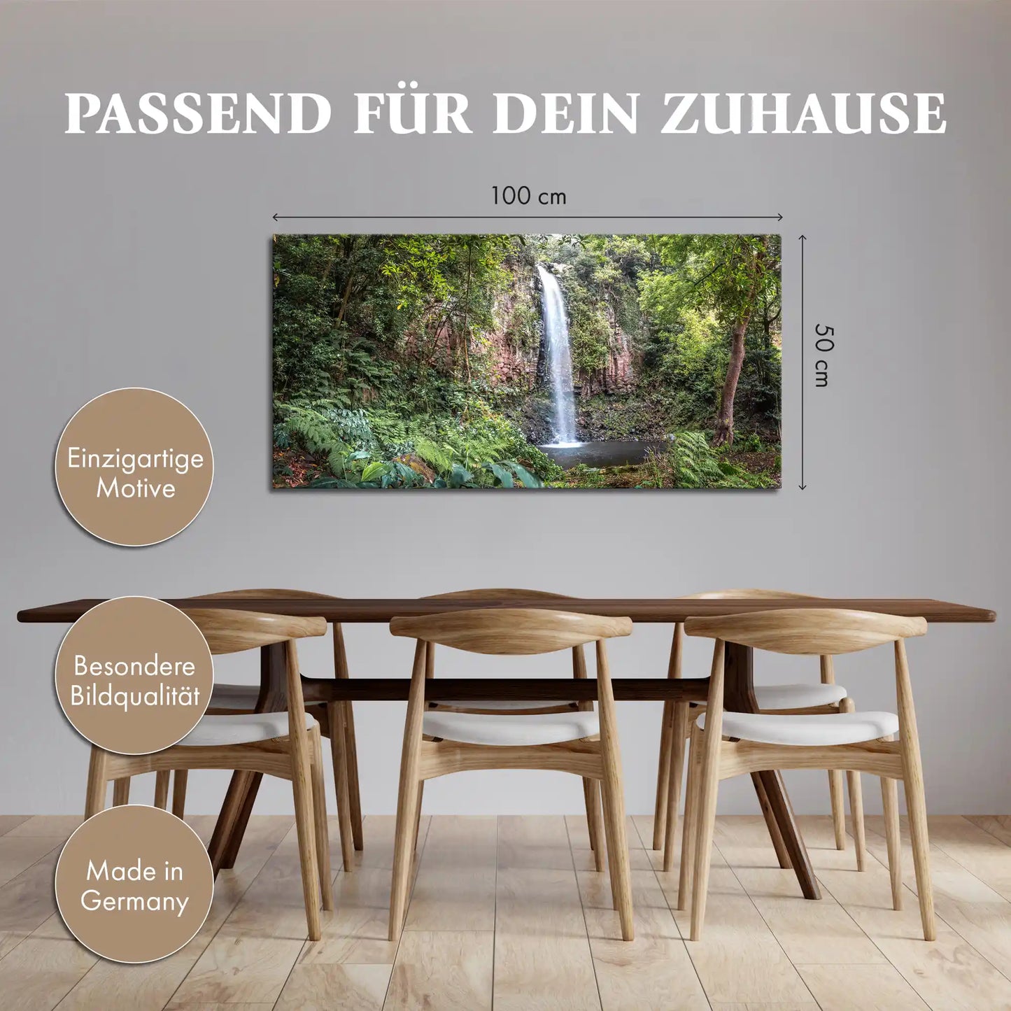 Leinwandbild Wald und Urwald an einem Wasserfall im Esszimmer oder Küche mit Größendarstellung